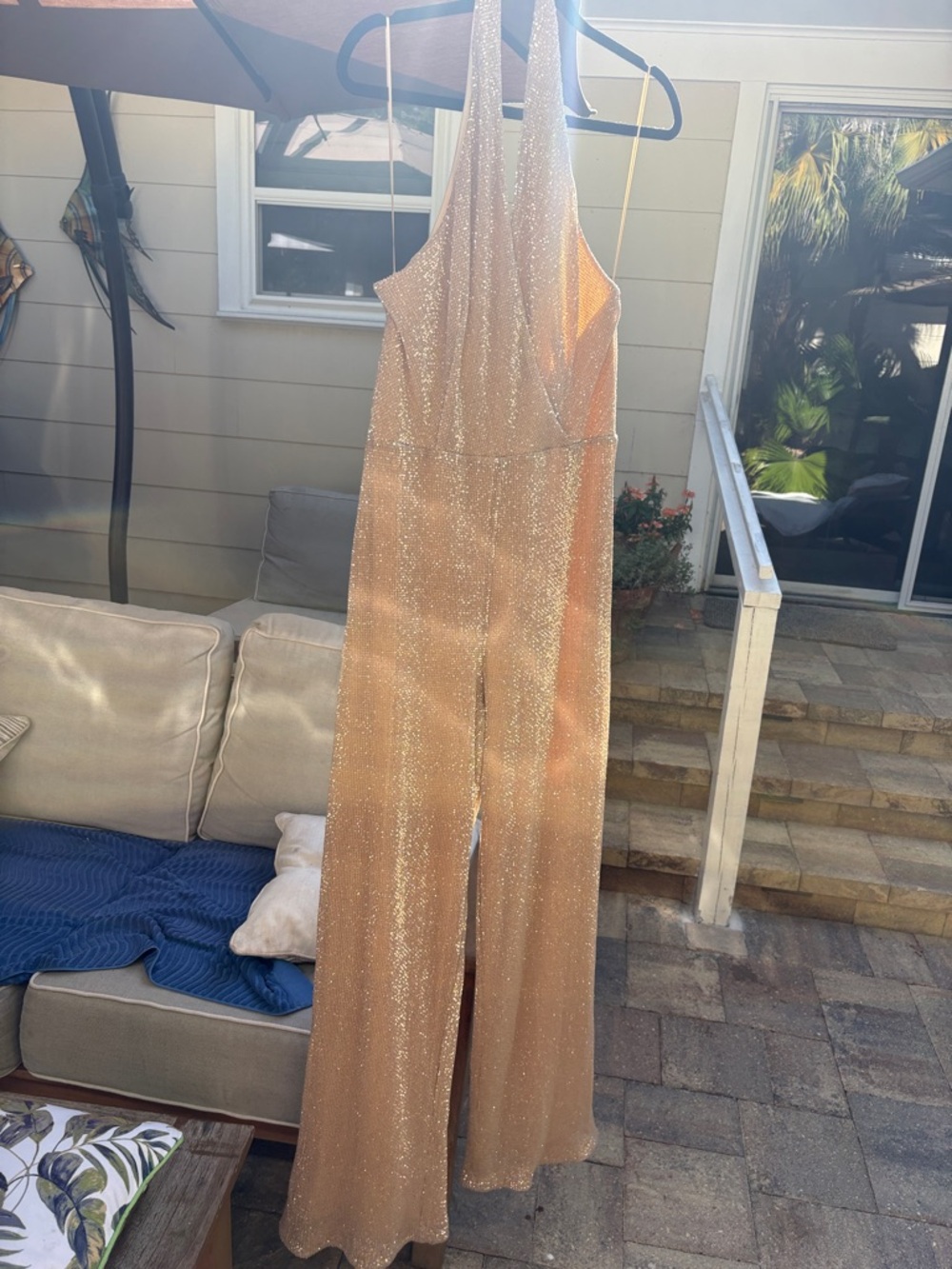 GUESS Gold Sparkle Halter Jumpsuit - Boot Cut Flare 53 inches from underarm